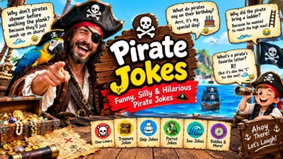 Pirate jokes featuring a funny pirate, parrot, treasure, ship, sea jokes, one-liners, and silly riddles.