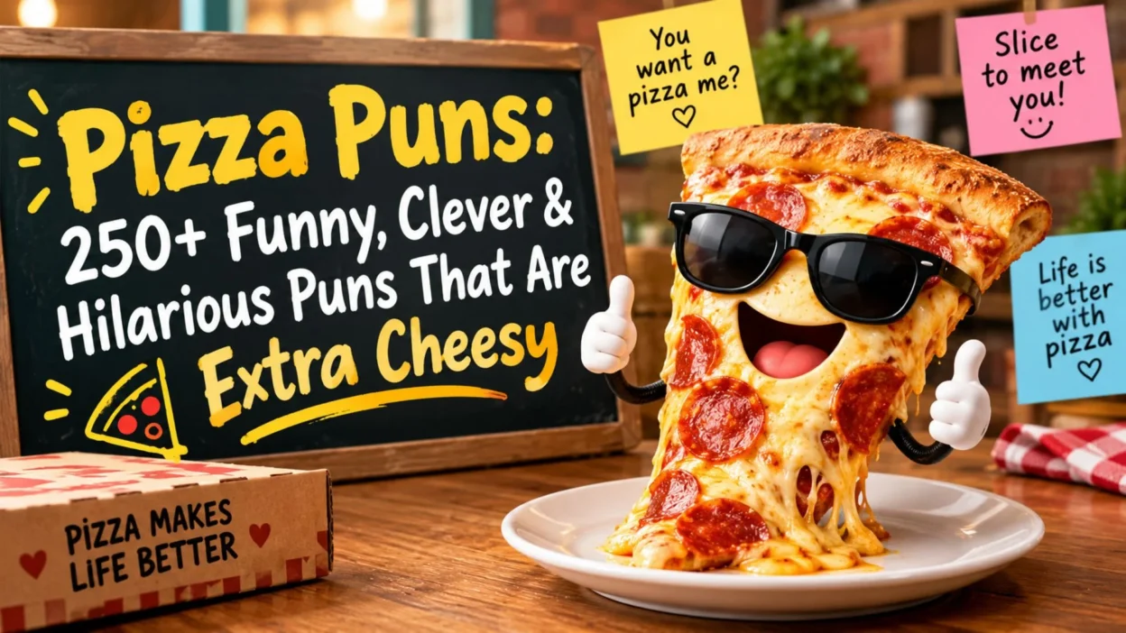 Funny pizza puns banner with a cheesy pizza slice, sunglasses, and hilarious pizza jokes.