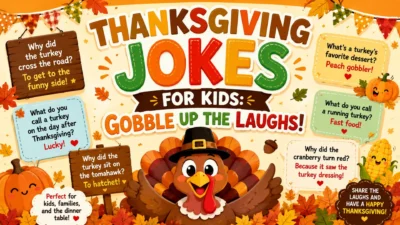 Thanksgiving jokes for kids featuring a funny turkey, pumpkins, autumn leaves, and silly family-friendly jokes.