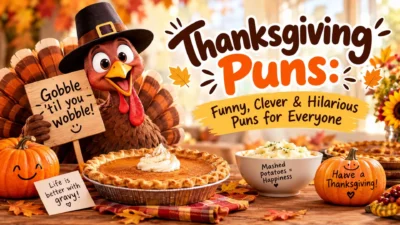Thanksgiving puns with a funny turkey, pumpkin pie, gravy, and festive fall decorations