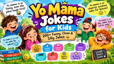 Yo Mama jokes for kids banner with laughing children and 200+ funny, clean, silly jokes.