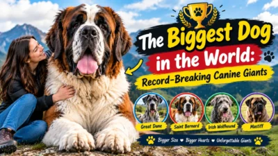 Biggest dog in the world standing tall beside a person, showcasing record-breaking canine size