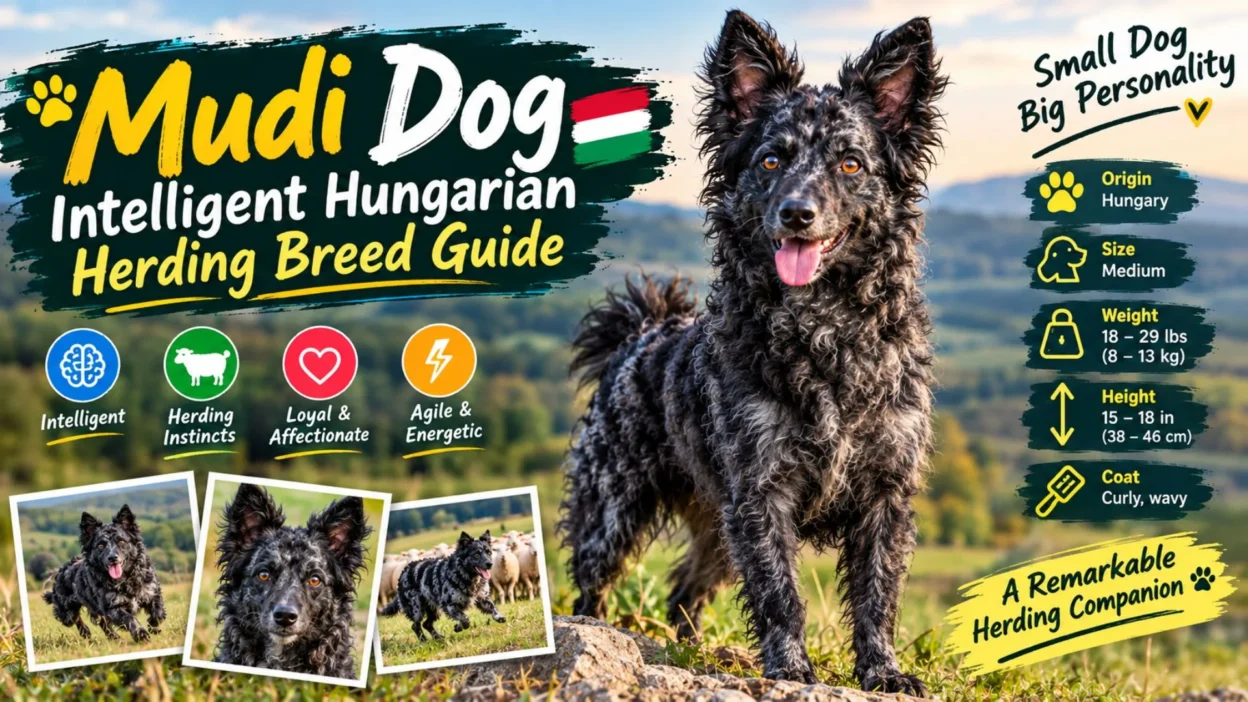 Mudi dog, intelligent Hungarian herding breed with a curly coat, upright ears, and energetic personality.