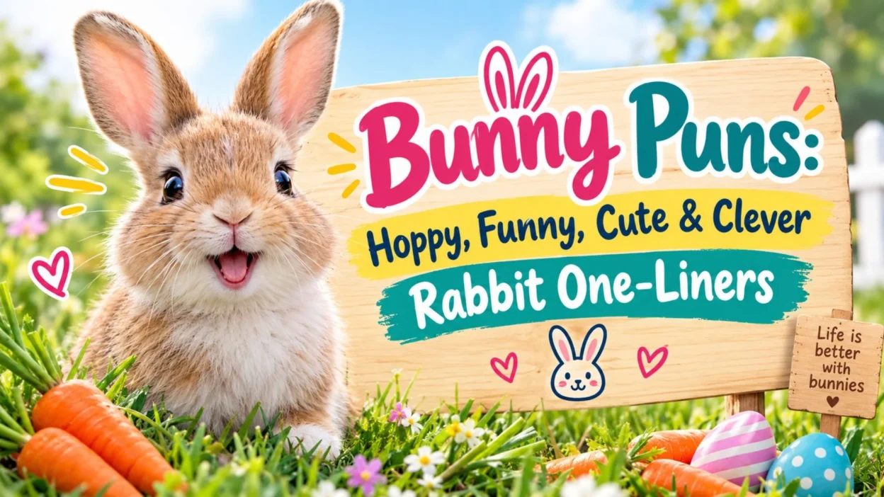 Bunny puns with a cute rabbit, carrots, and funny, clever one-liners for rabbit lovers.