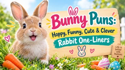 Bunny puns with a cute rabbit, carrots, and funny, clever one-liners for rabbit lovers.