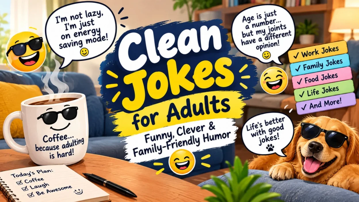 Clean jokes for adults featuring funny, clever, and family-friendly humor with coffee, laughter, and playful characters.