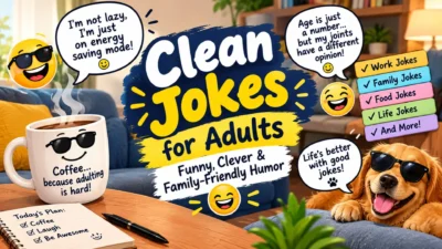 Clean jokes for adults featuring funny, clever, and family-friendly humor with coffee, laughter, and playful characters.